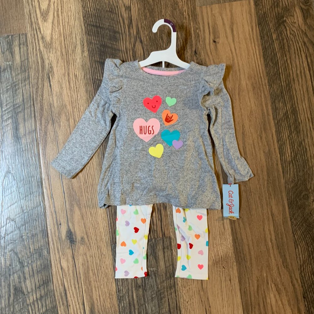 NWT Cat & Jack Girls size 2T Gray Long Sleeve Shirt and White Pants w/Hearts